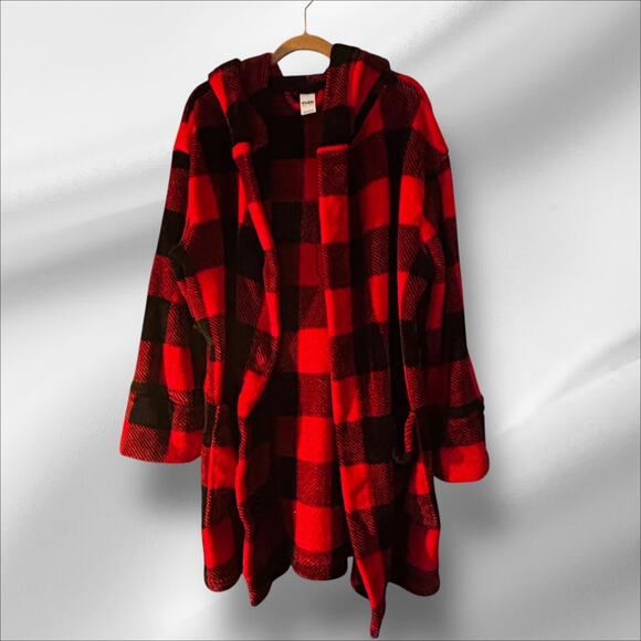 Victorias Secret Plush Robe Cardigan M/L Silver Sequin Dog Logo Red Black Check - Picture 2 of 11